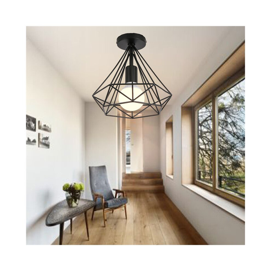 (Black) Ceiling Light Metal Diamond Wire Frame Lampshade