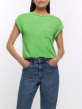 River Island Roll Sleeved Short Sleeved T-Shirt with Pocket - Bright Green, Bright Green, Size 6, Women