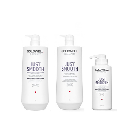 Goldwell Dualsenses Just Smooth Taming Shampoo 1000ml, Conditioner 1000ml and 60sec Treatment 500ml