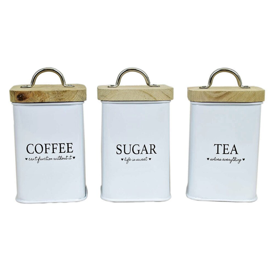 Heart Of The Home Set Of 3 Storage Tea Coffee Sugar Tins Canisters Wooden Lid