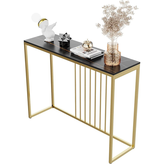 (Lenghth:100cm, Black Top Golden Legs) High Gloss Sintered Marbles Console Table Unit