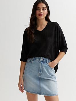New Look Ribbed Fine Knit V Neck Batwing Top - Black