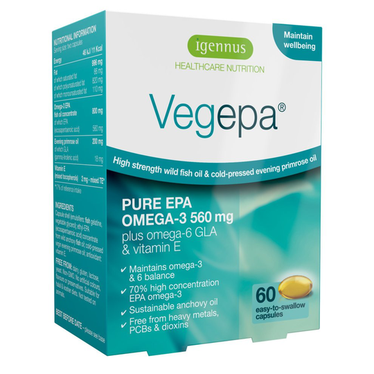 Vegepa Omega-3-6 Essential Fatty Acids, Wild Fish Oil & Evening Primrose Oil, 560mg EPA Omega-3 per serving, 60 Capsules