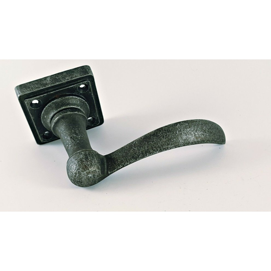 Antique Pewter Curved Cast Iron Lever Door Handles Square Rose Set Heavy Sprung