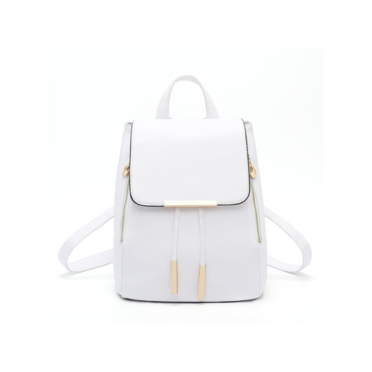(White) Casual Double Zipper Iron Edge Drawstring Flap PU Backpack Fashion Female Backpack Female Bag