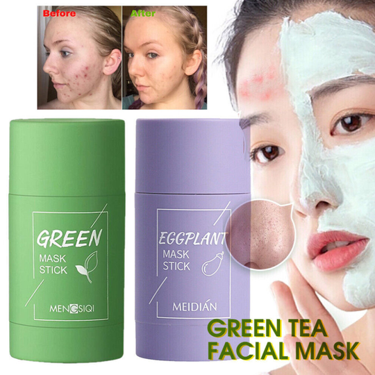 ( 1PCS Green Tea + 1PCS Eggplant) Green Tea Mask Stick Facial Cleansing Oil Acne Blackhead Control Cleaner