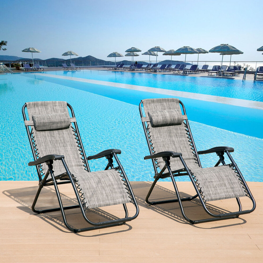 (Grey) Set of 2 Heavy Duty Textoline Zero Gravity Chairs Garden Outdoor Patio Sunloungers Folding Reclining Chairs Lounger Deck Chairs