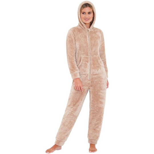 (16-18, Beige) Love To Sleep Women's Fluffy Fleece Hooded Onesie Jumpsuit All In One