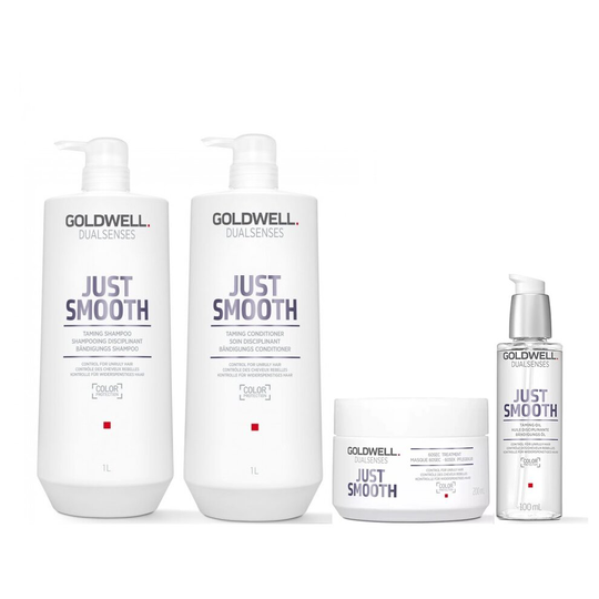 Goldwell Dualsenses Just Smooth Taming Shampoo 1000ml, Conditioner 1000ml, 60sec Treatment 200ml, Oil 100ml