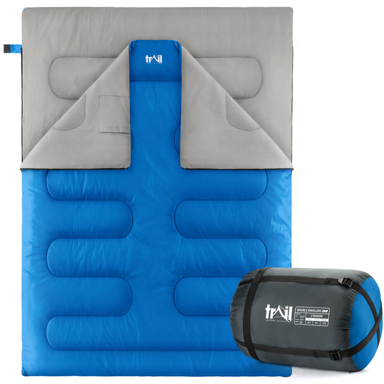 (Blue) Double Sleeping Bag 2 Season Envelope Outdoor Camping Queen Size 250gsm Trail