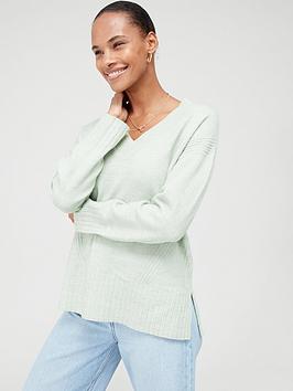 V By Very Knitted Easy Rib Stitch Detail V Neck Jumper - Green