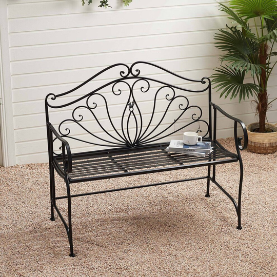 (Black) Folding Garden Bench Metal Outdoor Furniture 2 People Seating
