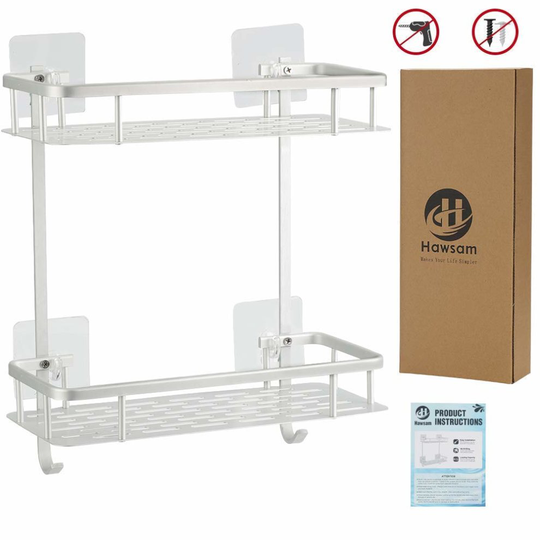 Hawsam No Drilling Bathroom Shelves, Aluminum 2 Tier Shower Shelf Caddy Adhesive Storage Basket for Shampoo