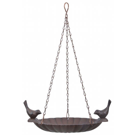 Cast iron hanging bird bath with two birds
