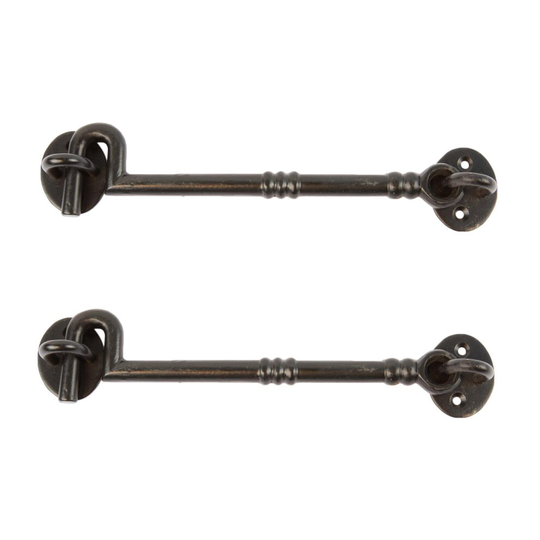 2x Black 225mm Ornate Cabin Hook and Eye - Cast Iron Antique Barn Door Gate Latch Lock - by Hammer & Tongs
