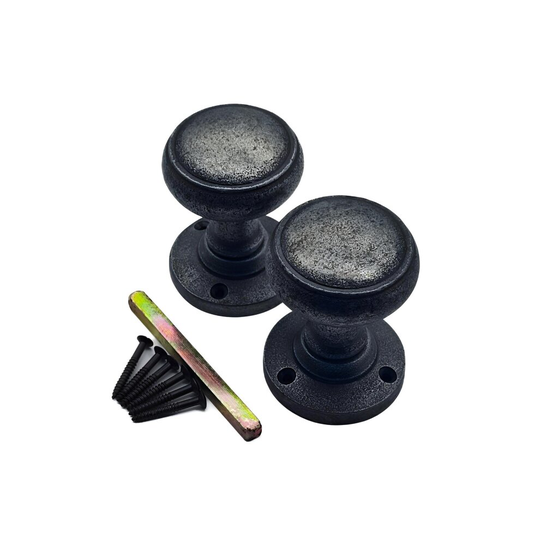 Pewter Vintage Ribbed Cast Iron Mortice Sprung Interior Door Knobs Set