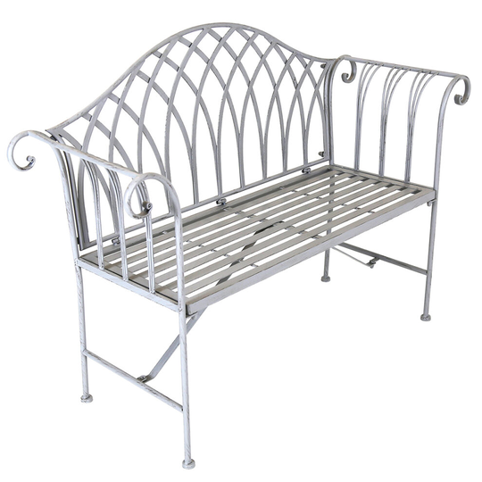Charles Bentley Decorative Wrought Iron Outdoor Rustic Bench Curved Armrest 2 Seater Weatherproof - Grey