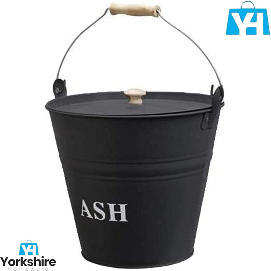 BLACK FIRESIDE METAL ASH BUCKET WITH LID HANDLE LARGE BIN SCUTTLE LOG HOLDER 12L