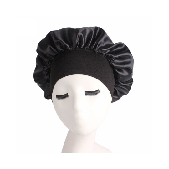 (Black) Women Long Hair Care Satin Bonnet Sleep Hat Cap Night Silk feel Cap Head Wrap