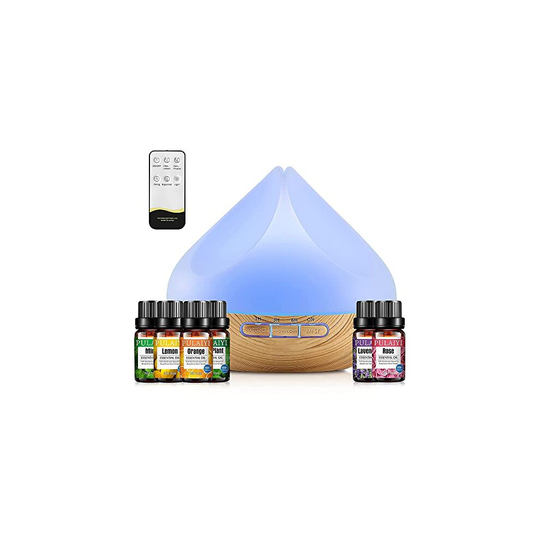 Essential Oil Diffuser, 500ml Aromatherapy Diffuser with 6 Essential Oils Gift Set, Aroma Oils Diffuser Humidifier with 14 Colour Lights, 4 Timer