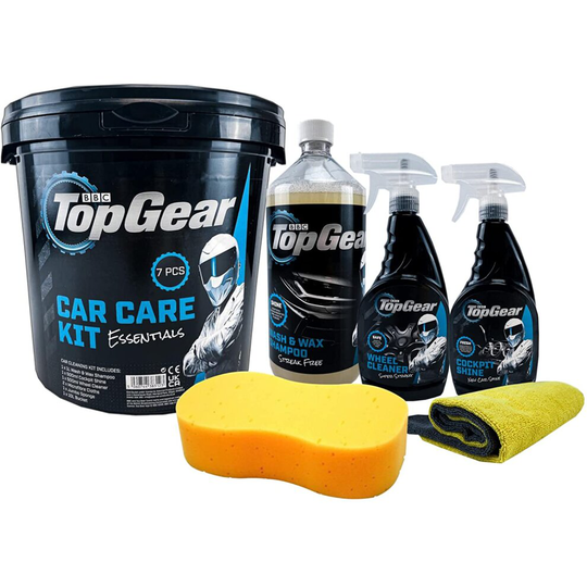 Top Gear - 7 Piece Car Cleaning Kit - Includes, 10L Bucket, Wash And Wax Shampoo, Wheel Cleaner And Cockpit Shine - Large Sponge And Microfibre Cloths