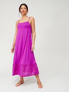 V by Very Broidery Hem Beaded Strap Midaxi Dress - Purple, Purple, Size 14, Women