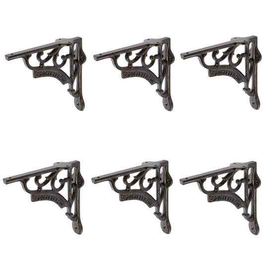 6x Black 150mm Ornate Iron Shelf Bracket - Cast Iron Antique Heavy Duty Wall Storage Brackets - by Hammer & Tongs