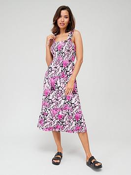 Everyday Ruffle Strap Shirred Waist Midi Beach Dress, Pink, Size 8, Women