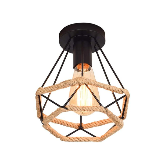 Industrial Pendant Light Retro Vintage Ceiling Lamp Diamond Shaped Metal Cage Iron Chandelier Hemp Rope Ceiling Light Black
