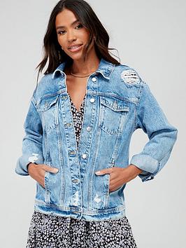 V By Very Relaxed Denim Jacket With Distressing - Mid Wash