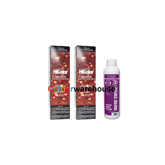 (H2 (2x), Dev (Vol. 30) 8oz) L'Oreal HiColor H2 Cool Light Brown, Browns For Dark Hair Only