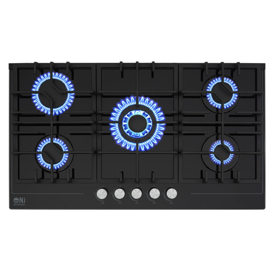 NJ-903G Built-in Gas Hob 5 Burner 90cm Black Glass Cooker NG / LPG FFD