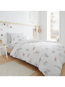 Little Bianca Zoo Animals Cotton Duvet Cover Set - White Pastel, Multi, Size Double