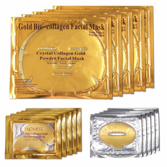 ALIVER 24k Gold Bio Collagen Face Mask, Gold Powder Eye Mask and Lip Mask ( 5sets / Package )