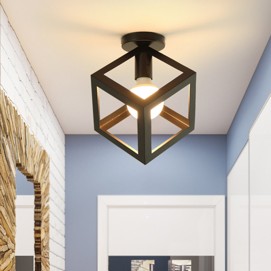 (Black) Flush Mount Ceiling Light Square Metal Cage Ceiling lamp
