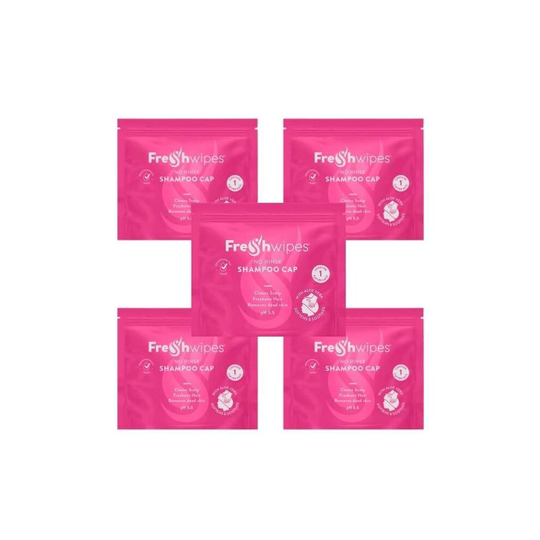 Fresh Wipes No Rinse Shampoo Cap 5 Pack with Pro Vitamin B5, Aloe Vera, & Conditioner | Microwaveable Shampoo Caps for Elderly, Post Surgery,
