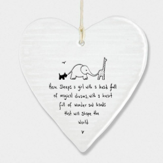 Isolation Gifts, East Of India Wobbly Heart 'Here Sleeps A Girl..' Friend Porcelain Gift, Hanging Decoration, Wedding Gift, Porcelain Heart