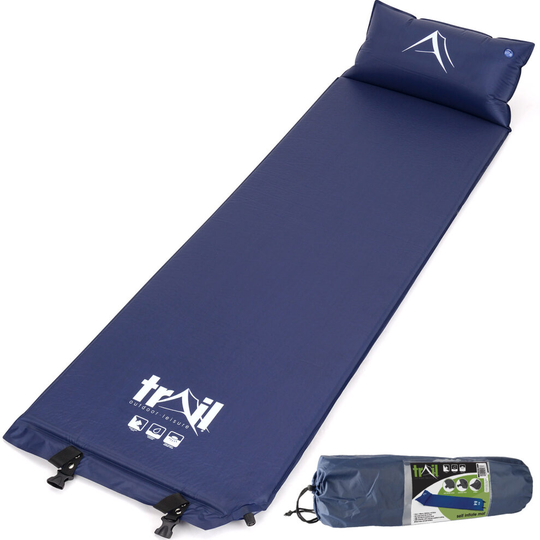 (Blue) Single Camping Mat Inflatable Camp Roll Mattress Self Inflating With Pillow