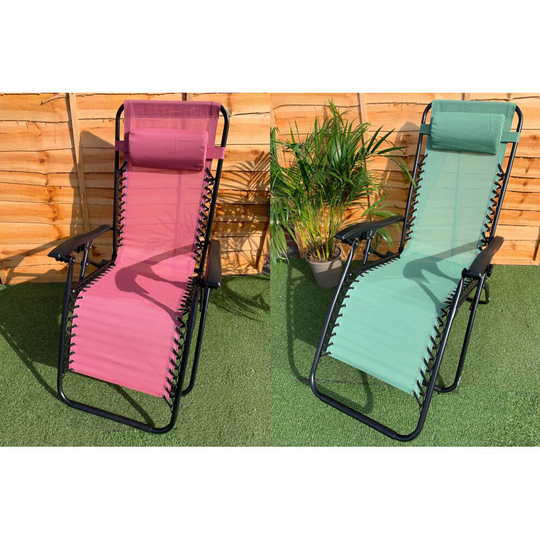 2 Zero Gravity Relaxer Garden Chairs Lounger Head Pillow Pink & Green
