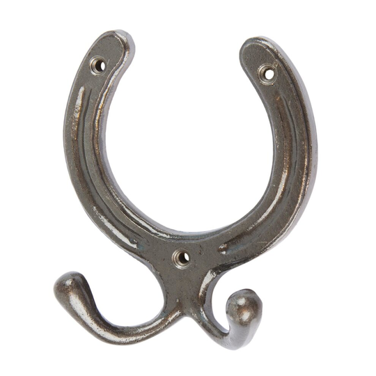 Raw 100mm x 110mm Horse Shoe Double Coat Hook - Cast Iron Vintage Antique Wall Mounted Hanger - by Hammer & Tongs