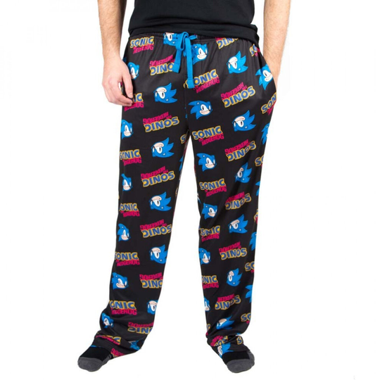 (Medium (32-34), Black) Sonic The Hedgehog Character Head and Text All Over Print Sleep Pants