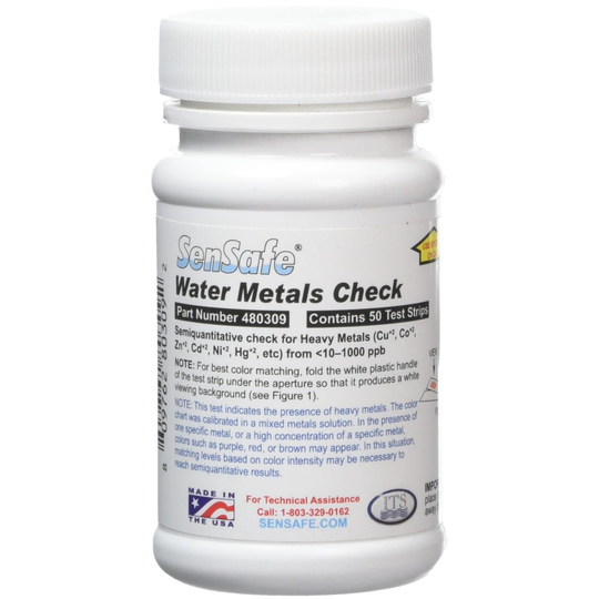 Sensafe Water Metals Check Testing Kit for Iron, Copper, Cobalt, Zinc, Cadmium, Nickel, Lead, Mercury 480309 - 50 Test Strips