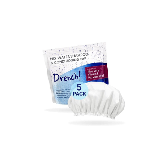 Drench No Water Shampoo Caps [5-Pack] - Waterless Shampoo and Conditioner - Dry Hair Wash Caps for The Elderly or Bedridden - Contains Aloe Vera,
