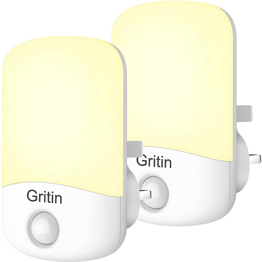Gritin LED Night Light, [2 Pack] Sleep-friendly Night Lights Plug in Walls with Dusk to Dawn Photocell Sensor, Energy Saving, Warm White Night