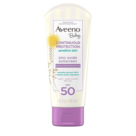 Aveeno Baby Continuous Protection Zinc Oxide SPF 50 Sunscreen, 88 ml, Mineral Sunscreen Lotion, Water & Sweat Resistant