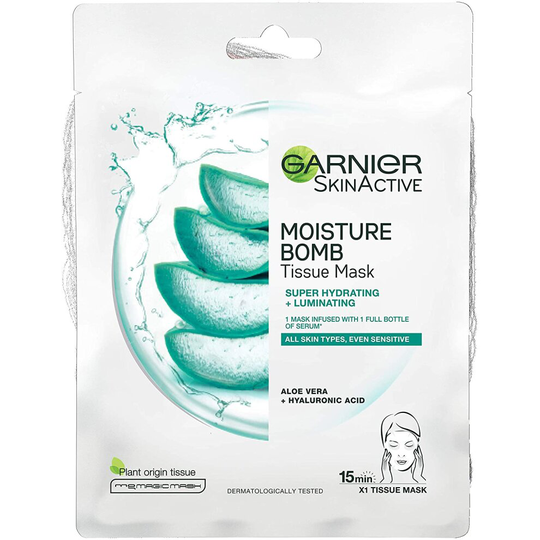 Garnier SkinActive Face Moisture Bomb, Aloe Vera Hyaluronic Acid Hydrating and Luminating Tissue Face Sheet Mask Sensitive Skin, 28g