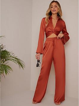 Chi Chi London Satin Wide Leg Elasticated Waist Trousers In Apricot
