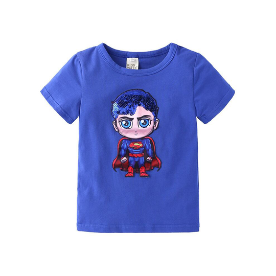 (Blue, 120(4-5Y)) Kids Summer Boys/Girls Flashing Lights T-Shirts Frozen Spider-Man Iron Man