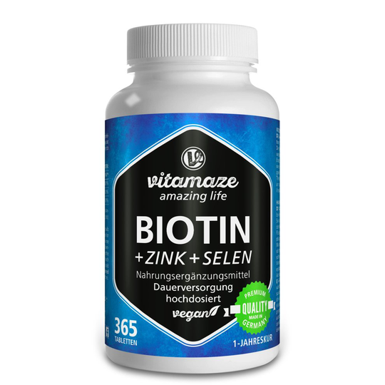 Biotin Hair Growth Supplement, 365 Tablets vegan: 10000mcg Biotin + Zinc + Selenium for healthy Skin, Hair and Nails, Full Year Supply