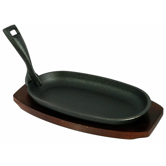Cast Iron Sizzle Platter Wooden Trivet & Removable Handle 24cm
